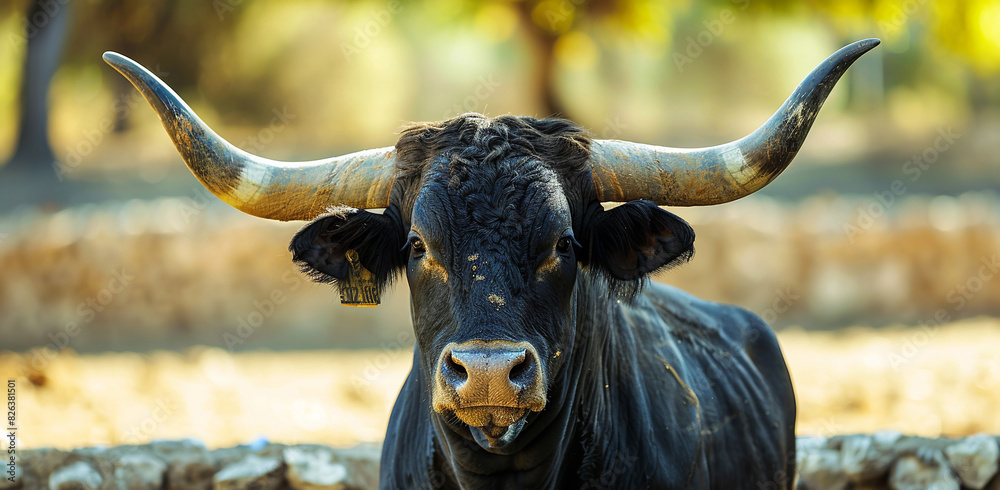 Black bull with white horns in the arena, closeup of its head and body Black bull with white horns in the arena, closeup of its head and body