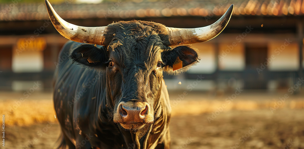 Black bull with white horns in the arena, closeup of its head and body Black bull with white horns in the arena, closeup of its head and body