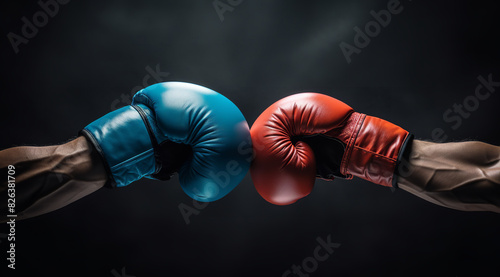 Closeup two man hands in red and blue boxing gloves hitting each other on isolated dark misty background © Nate