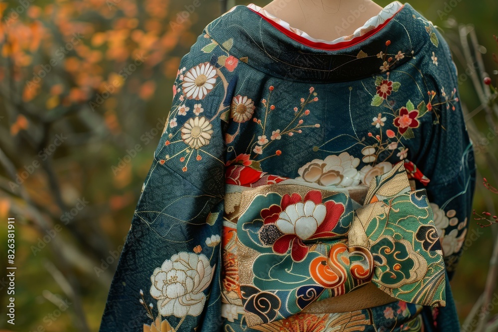 A woman wearing a kimono with a floral pattern A woman wearing a kimono with a floral pattern