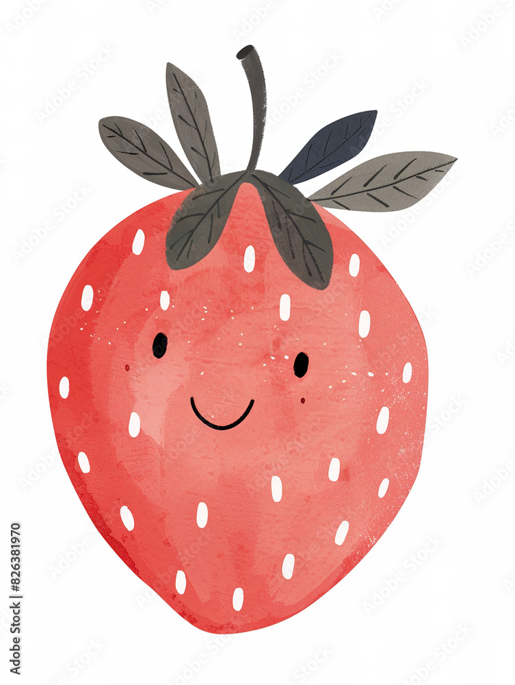 Fototapeta premium Cute simple illustration of a cute red strawberry character in a pastel color, white background