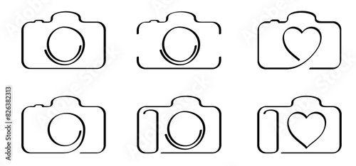 Photo camera line pattern with love heart symbol. cameras collection. Photocamera icon. Take photo and smile. For Photography flash concept.