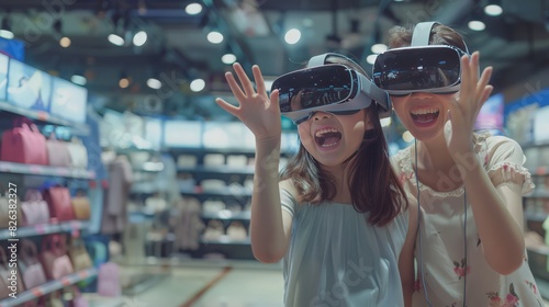 A delighted Asian mother and daughter are seen wearing VR headsets, engaging in online fashion shopping photo