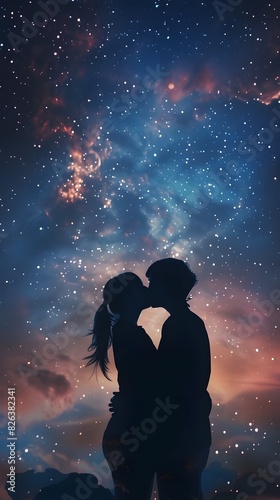 Intimate Silhouette Embracing Under the Starry Night Sky