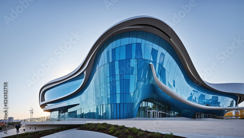 modern building that looks like a giant wave, with a large body of water in front of it, reflecting the building