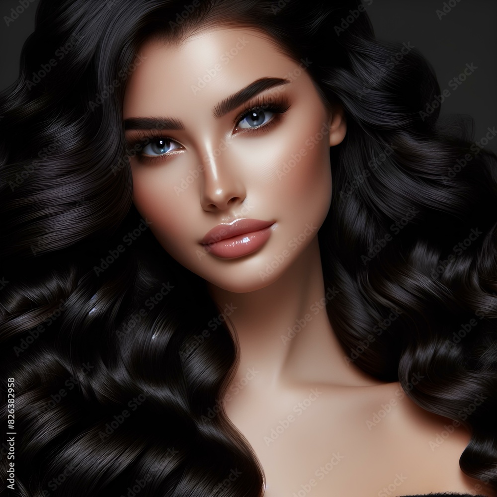 Obraz premium Beauty brunette girl with long and shiny wavy black hair . Beautiful woman model with curly hairstyle.