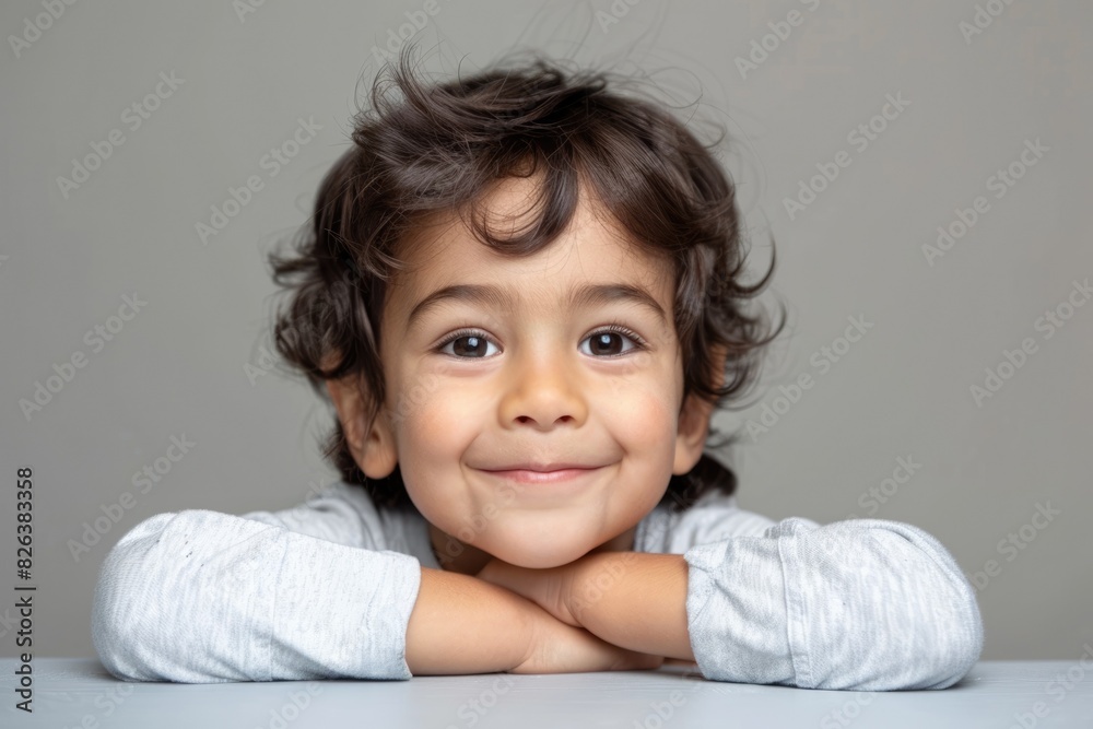 Smiling with dark hair, a latino kid boy looks directly at the camera in this studio shot with a grey background, showcasing his cheerful demeanor. Smiling with dark hair, a latino kid boy looks directly at the camera in this studio shot with a grey background, showcasing his cheerful demeanor.