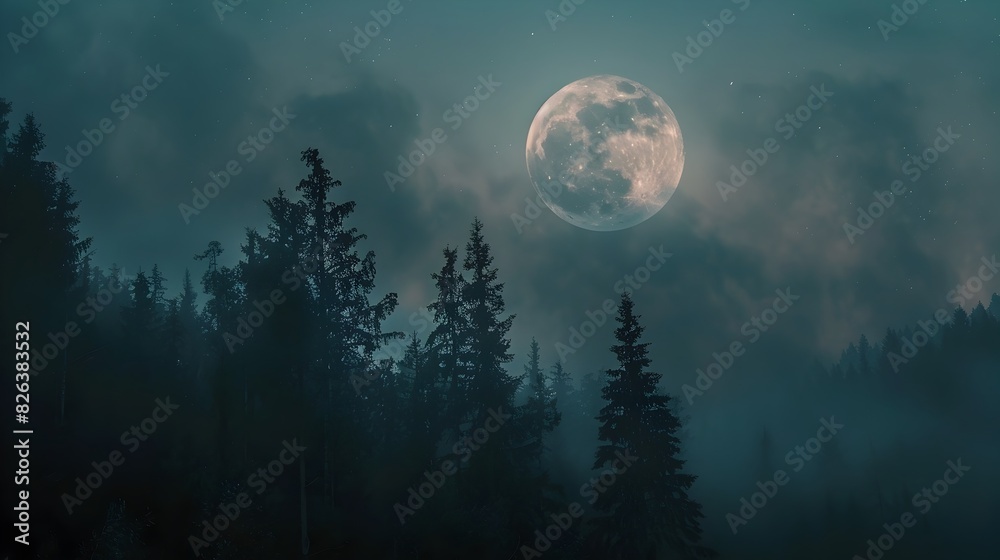 Fototapeta premium Mesmerizing Moonlit Woodland Scene - Mysterious and Serene Nighttime Forest Landscape with Glowing Lunar Presence
