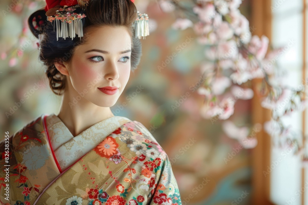Portrait of a beautiful Japanese woman in traditional kimono