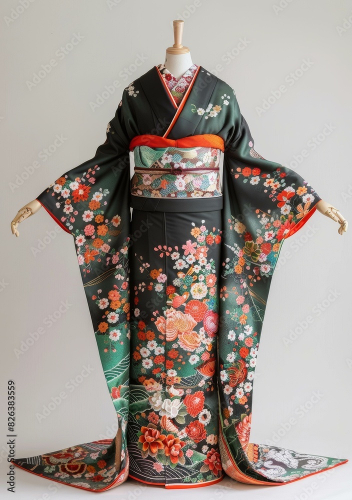 A woman wearing a kimono with floral patterns A woman wearing a kimono with floral patterns