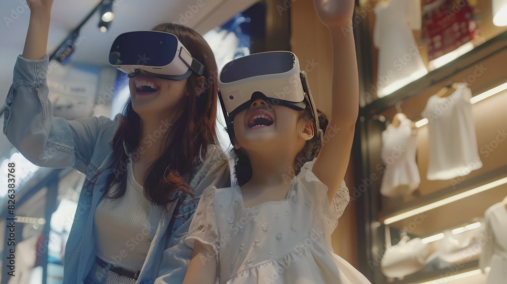 Happy moments shared by an Asian mother and her daughter using VR headsets for online fashion shopping. The advanced technology brings joy Happy moments shared by an Asian mother and her daughter using VR headsets for online fashion shopping. The advanced technology brings joy