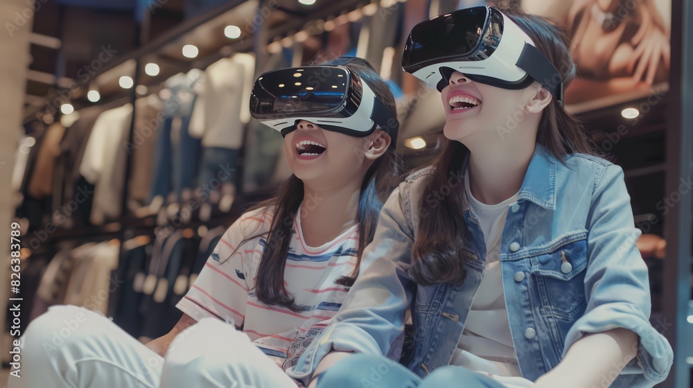 Happy moments shared by an Asian mother and her daughter using VR headsets for online fashion shopping. The advanced technology brings joy Happy moments shared by an Asian mother and her daughter using VR headsets for online fashion shopping. The advanced technology brings joy