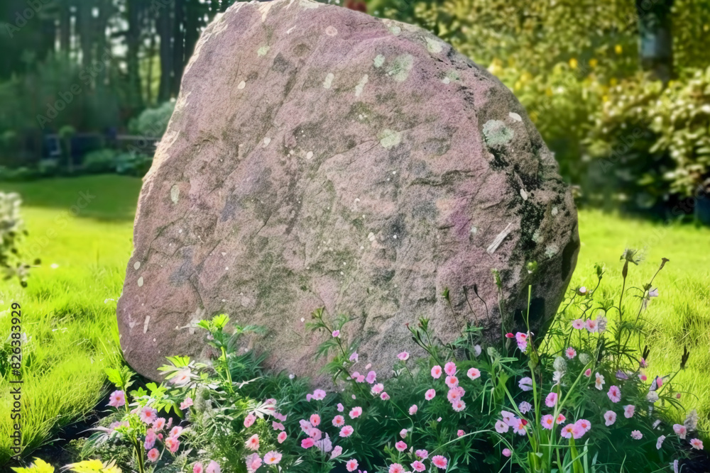 Beautiful garden, a huge stone stands on the grass, the stone surface is smooth and clean, at the bottom of the stone grows a circle of flowers and plants, the sun shines brightly, quiet and beautiful Beautiful garden, a huge stone stands on the grass, the stone surface is smooth and clean, at the bottom of the stone grows a circle of flowers and plants, the sun shines brightly, quiet and beautiful