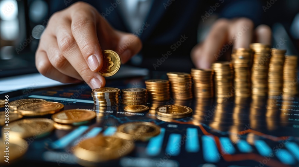 A businessman in a suit is stacking Bitcoin physical coins on a table with a glowing blue circuit board in the background. A businessman in a suit is stacking Bitcoin physical coins on a table with a glowing blue circuit board in the background.