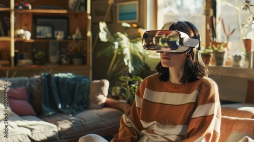 In her stylish living room, a woman uses a VR headset to shop online. The metaverse brings an immersive and interactive shopping experience directly to her home.