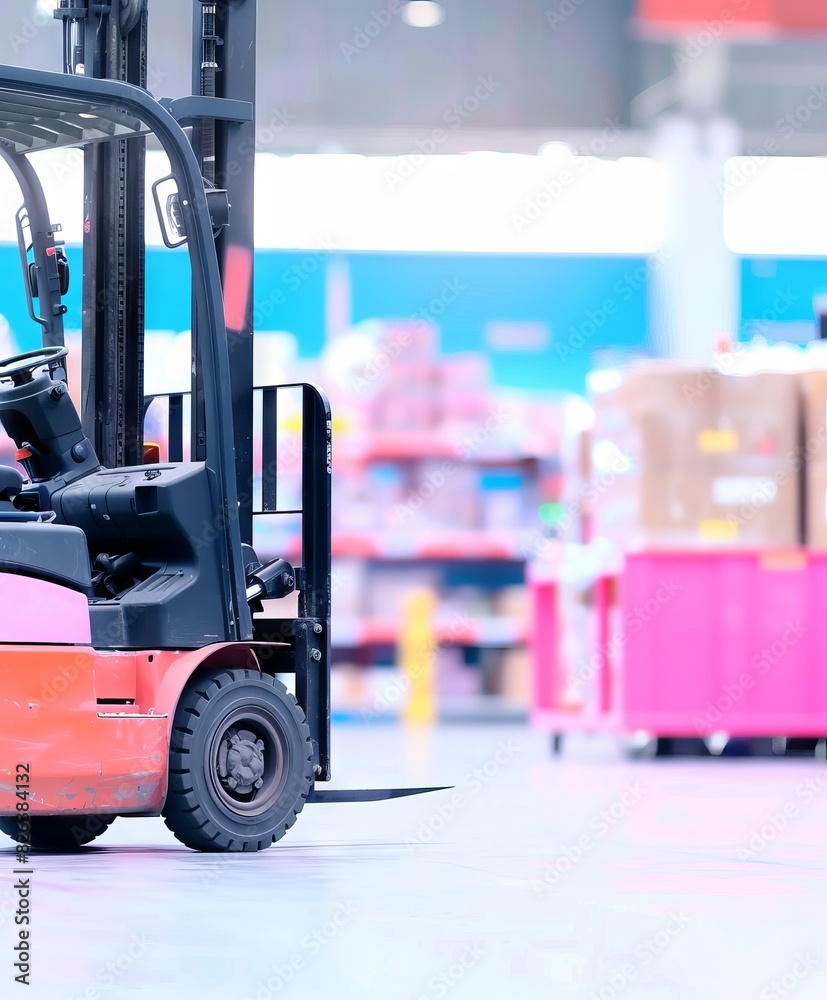 Forklift truck with an orange body and black backrest driving through a warehouse, unloading boxes from a shelf at a big supermarket warehouse for storage of goods.