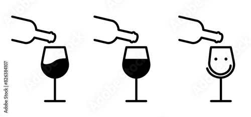 Wine tasting, sommelier icon. Nose and wine glasses. Sniffing wine in glass. Cartoon drawing glass for alcohol. Friends or friendship to cheers. Wine glass bottle. Bottles and glasses.