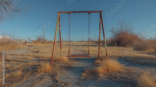 A lonely swing stands in an empty field. The swing is old and rusty, and the paint is peeling.
