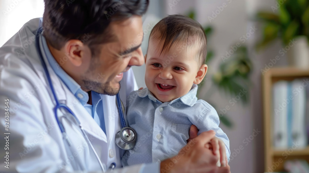 A doctor is holding a smiling baby in his arms. A doctor is holding a smiling baby in his arms.