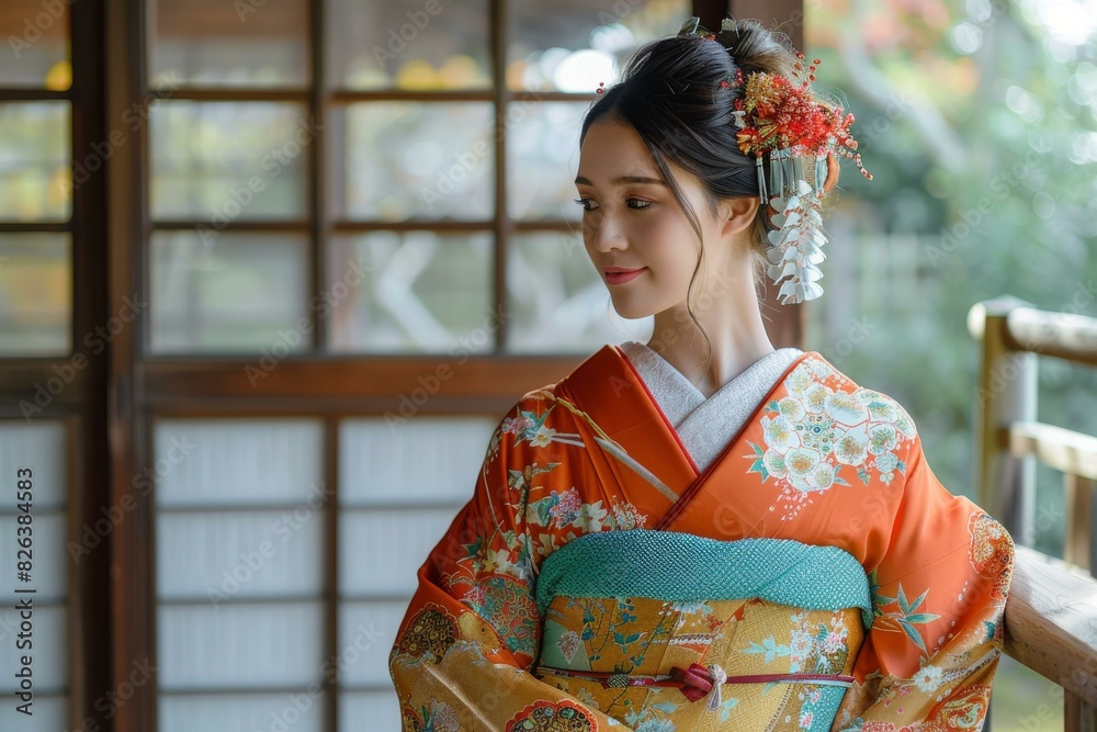 Portrait of a Japanese woman wearing a kimono