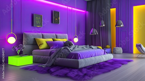 vibrant bedroom design with bright purple walls  a sleek grey bed  and neon yellow decorative elements for a striking  modern look