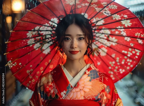 Portrait of a beautiful Japanese woman in traditional kimono holding a red umbrella