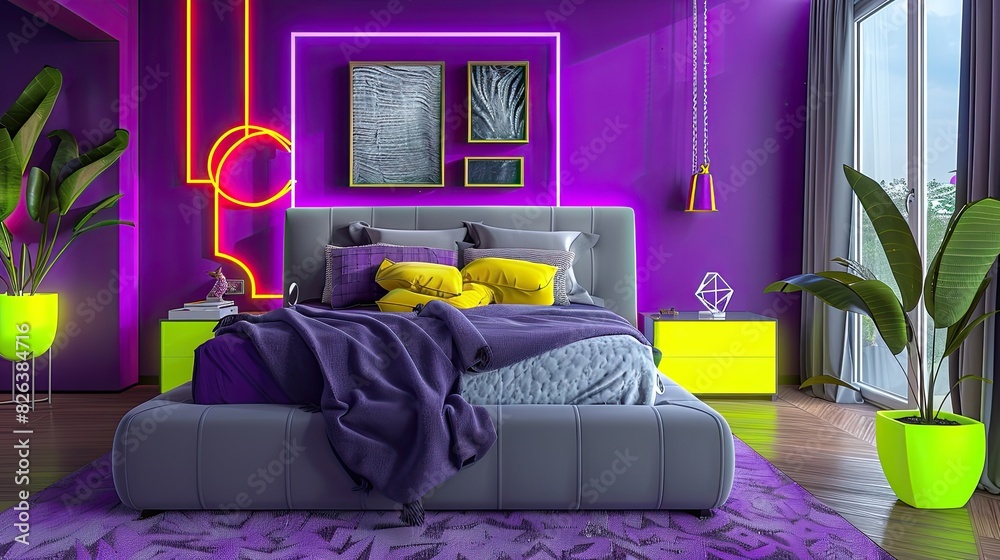 vibrant bedroom design with bright purple walls, a sleek grey bed, and neon yellow decorative elements for a striking, modern look