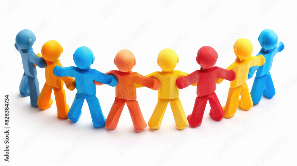 A group of colorful 3D printed people holding hands in a circle. A group of colorful 3D printed people holding hands in a circle.