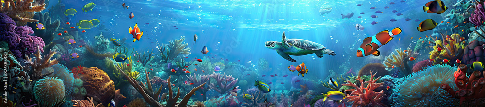 Obraz premium Coral Reef: An underwater scene of a vibrant coral reef, teeming with colorful fish, sea turtles, and waving sea anemones