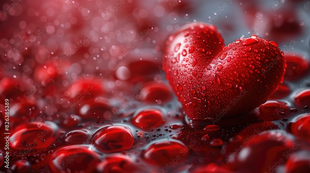 Red heart with water drops on red surface with rain drops in the background Red heart with water drops on red surface with rain drops in the background