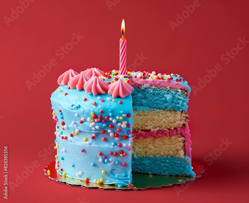 Photo of a blue and pink birthday cake with one candle on a red background, front view