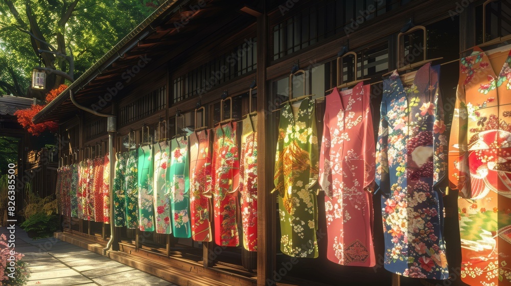 A row of colorful kimono hung on a rack outside a traditional Japanese house