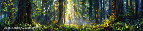 Redwood Forest: A majestic redwood forest scene with towering trees, fern-covered forest floor, and rays of sunlight filtering through the canopy photo