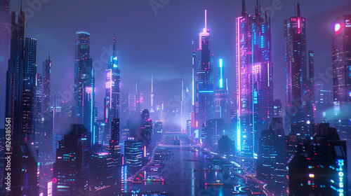 Stunning nighttime view of a futuristic city skyline bathed in vibrant neon colors with a hightech  cyberpunk atmosphere