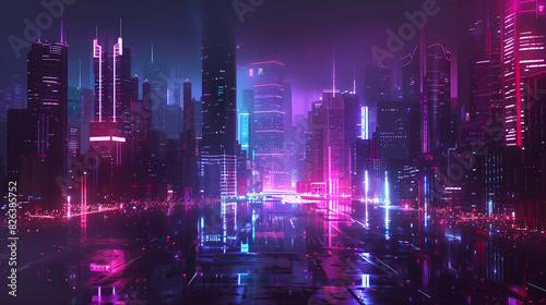 Stunning nighttime view of a futuristic city skyline bathed in vibrant neon colors with a hightech, cyberpunk atmosphere