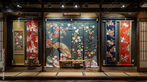 A variety of colorful and intricate Japanese kimono and obi displayed in a traditional setting © duyina1990