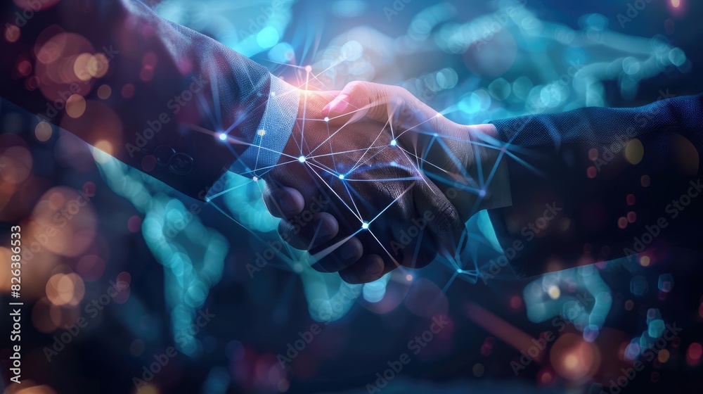 Business partners shaking hands in a digital network background symbolizing partnership, agreement, and future technology collaboration. Business partners shaking hands in a digital network background symbolizing partnership, agreement, and future technology collaboration.