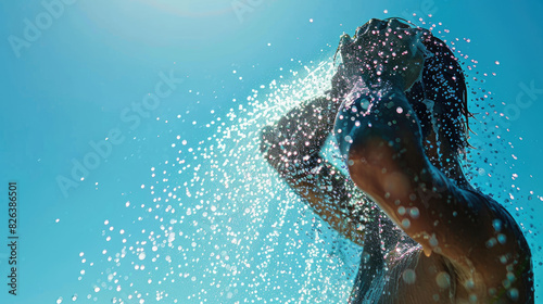 man taking a shower with the sun shining brightly overhead photo