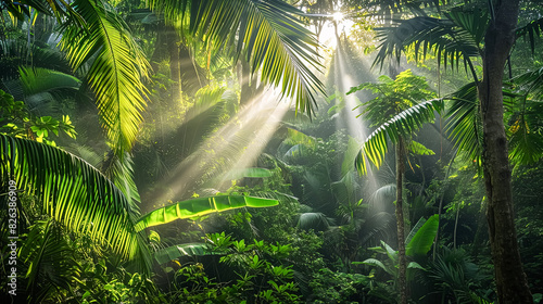 A lush  tropical jungle with a bright sun shining through the trees