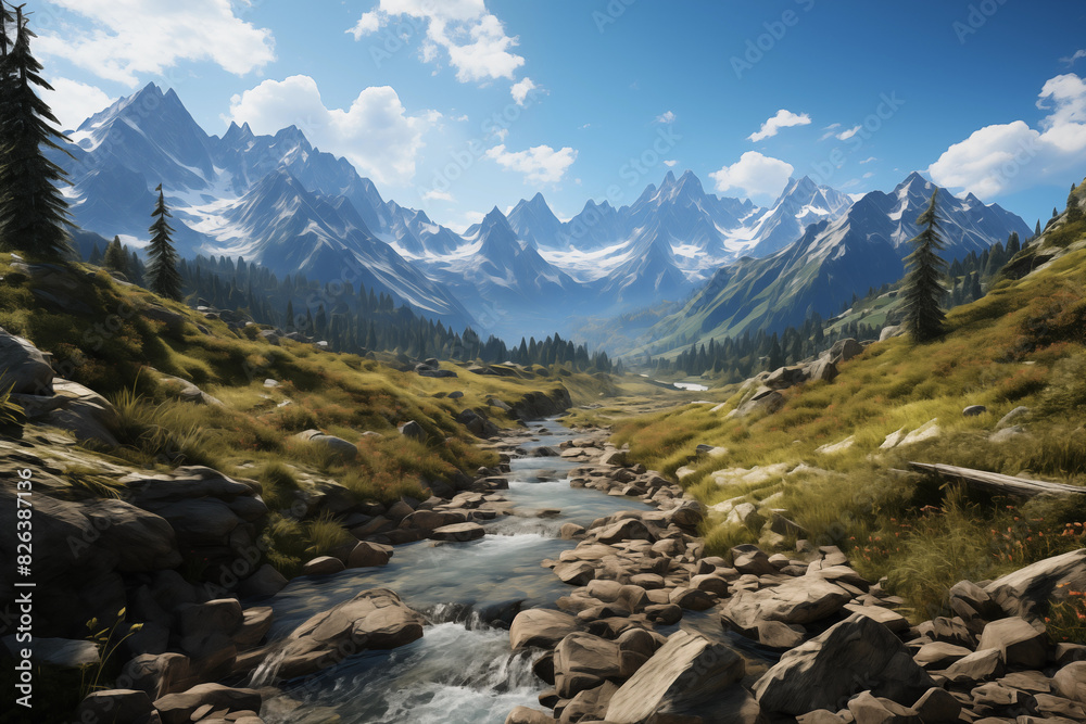 Serene Beauty Captured in the Rugged Mountains – a Picturesque Scene of a Tranquil Stream Winding its way Through the Majestic Peaks Serene Beauty Captured in the Rugged Mountains – a Picturesque Scene of a Tranquil Stream Winding its way Through the Majestic Peaks