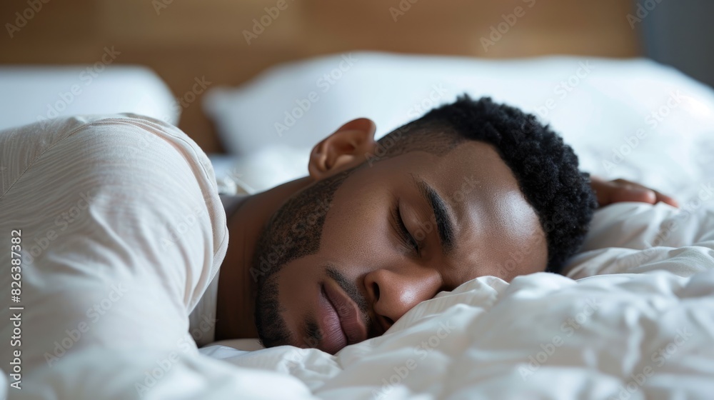 A man is sleeping soundly on a bed. A man is sleeping soundly on a bed.