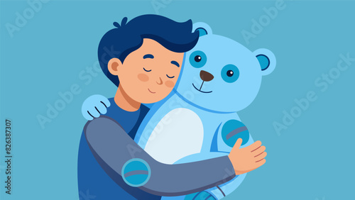 A young boy cuddled up with his robot bear which responds to his hugs by gently hugging back with its mechanical arms.. Vector illustration