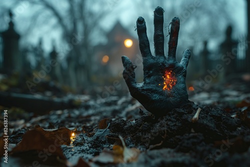 A zombie hand rising from a graveyard on a spooky night photo