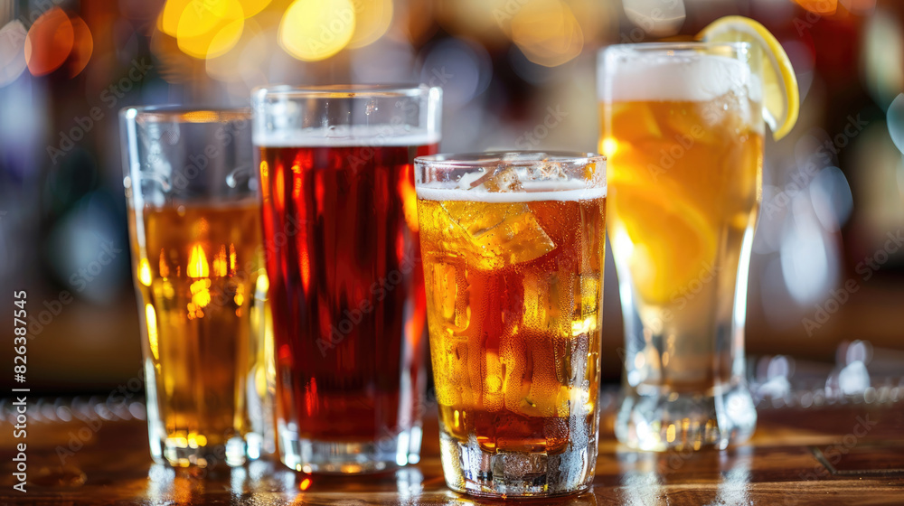 A variety of beers on a bar counter. A variety of beers on a bar counter.