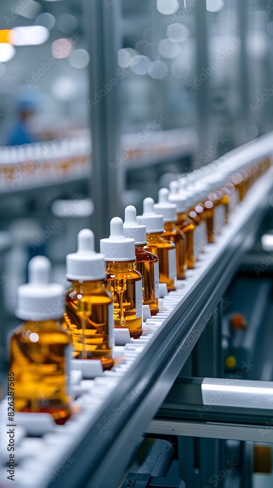 Fototapeta premium Automated Conveyor System in Cosmetic Production Facility Industrial Manufacturing Process with Filling and Labeling