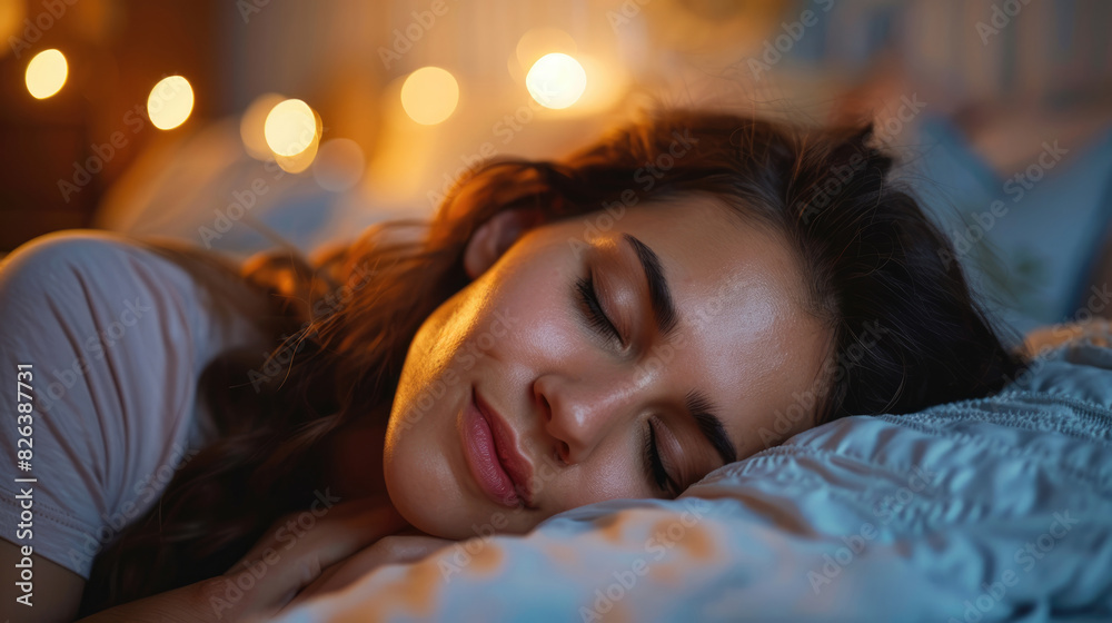 a young woman sleeping peacefully in her bed. a young woman sleeping peacefully in her bed.
