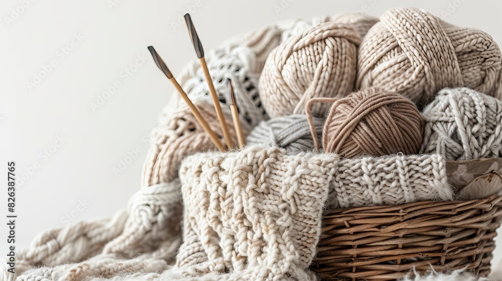 Photo of a basket with yarn and knitting needles on the table, surrounded in the style of knitted sweaters. Isolated white background, light beige aesthetic, daylight.