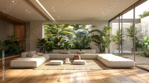 Spacious living room with a white sofa  green plants  and wooden furniture  modern design