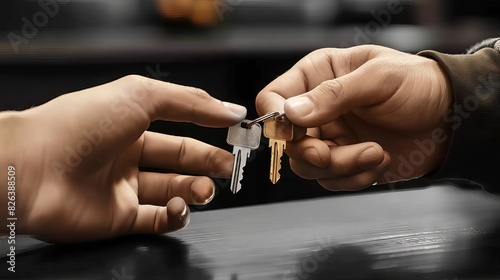 A realtor handing over house keys to a new homeowner as they shake hands in front of a newly purchased home.