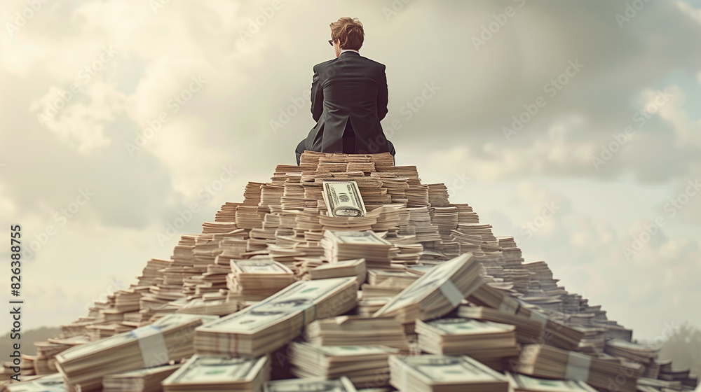 Confident man in stylish attire seated on an enormous pyramid of cash against a clear blue sky, symbolizing financial success and wealth Confident man in stylish attire seated on an enormous pyramid of cash against a clear blue sky, symbolizing financial success and wealth